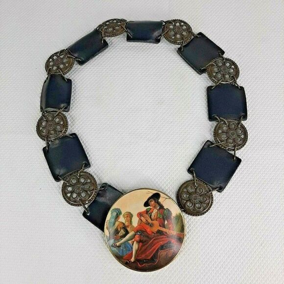 Vintage Upcycled Victorian Compact Leather Metal Belt Buckle Chain Link OSFM - Picture 1 of 8